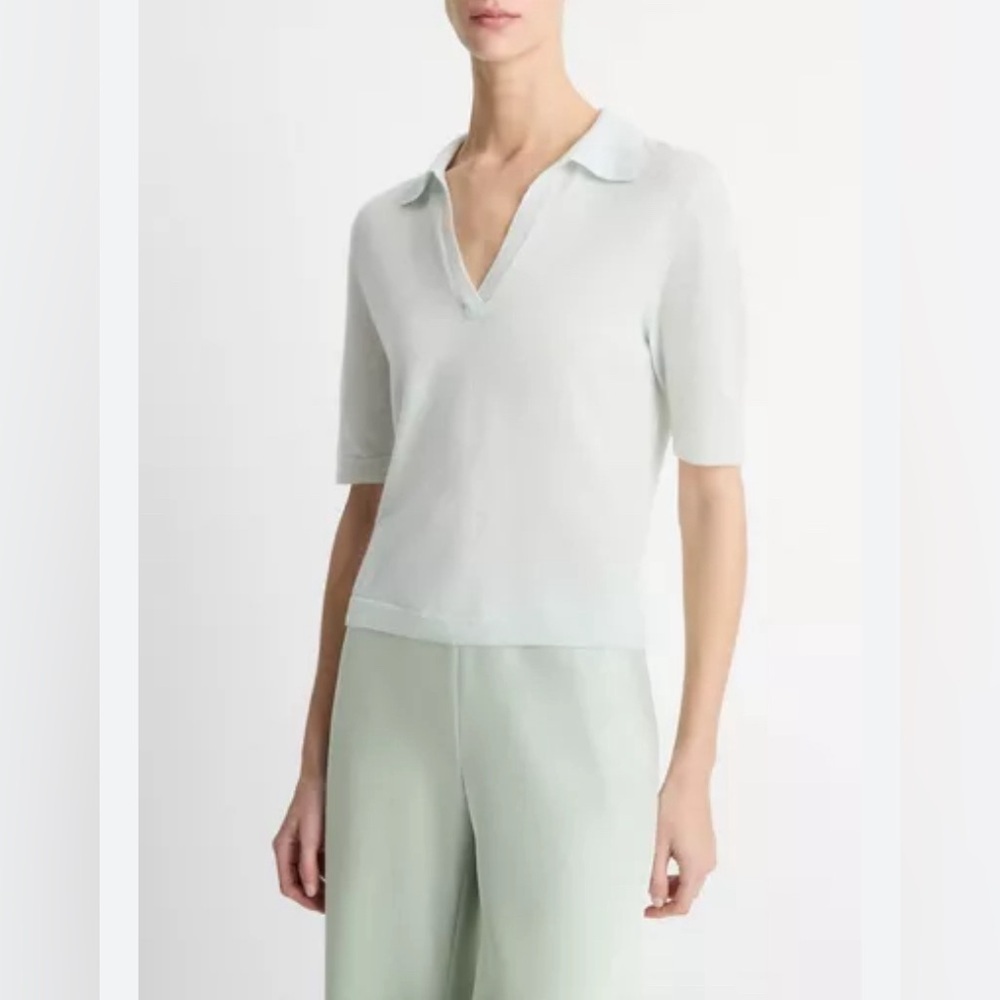 Vince‎ Womens Cashmere-Silk Short-Sleeve Polo Sweater Size XL light Green